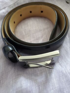 Lands' End Black Leather Belt with Silver Tone Buckle